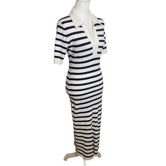 $695 CAROLINE CONSTAS Knit Stretch Midi Dress Striped White/Navy Bodycon L - Picture 5 of 11